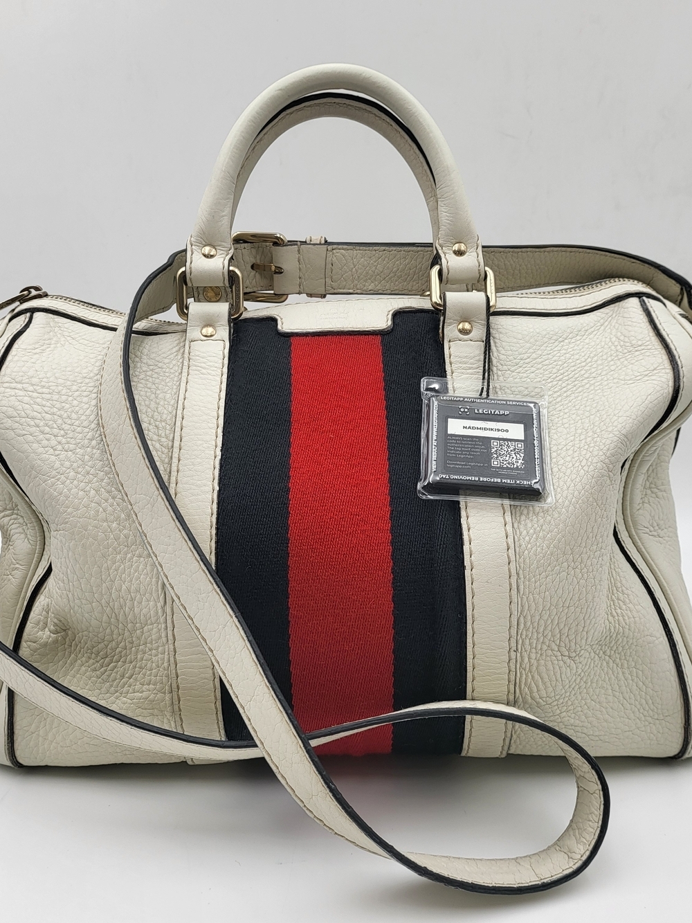 GUCCI White Lambskin Leather Web Stripe Medium Joy Boston 30,, Authentic w/COA.